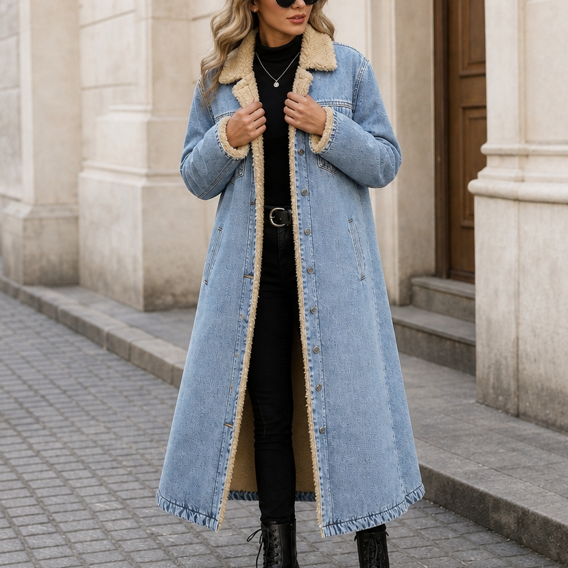 Vivian | Women's Longline Denim Coat | Sherpa-Lined · PNY