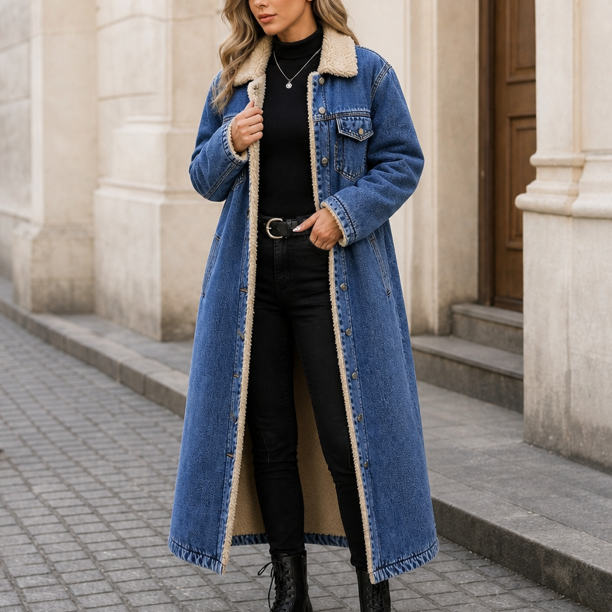 Vivian | Women's Longline Denim Coat | Sherpa-Lined · PNY