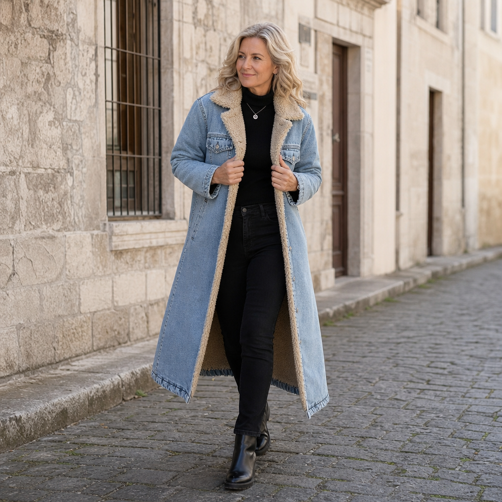 Vivian | Women's Longline Denim Coat | Sherpa-Lined · PNY