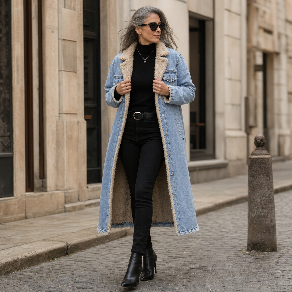 Vivian | Women's Longline Denim Coat | Sherpa-Lined · PNY