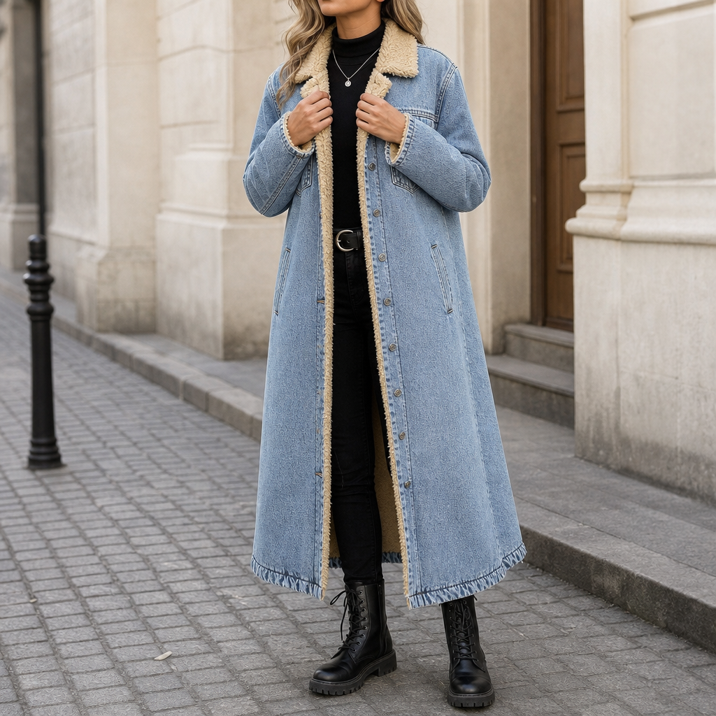 Vivian | Women's Longline Denim Coat | Sherpa-Lined · PNY