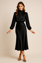 Vivian | Women's Mock-Neck Midi Dress | Satin · PNY