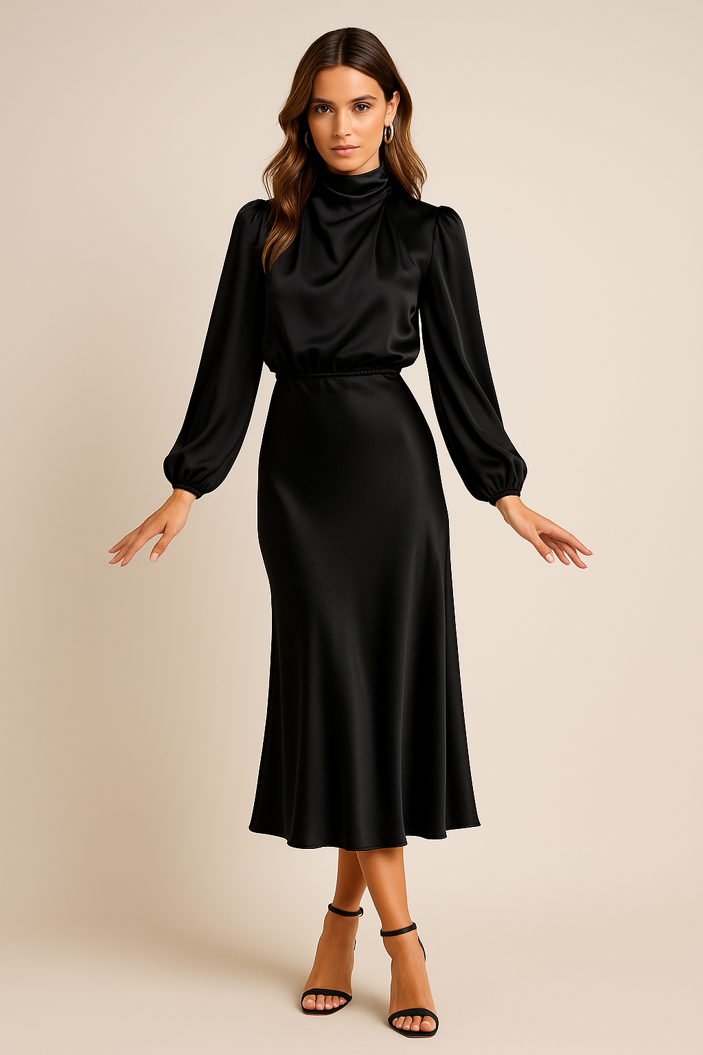 Vivian | Women's Mock-Neck Midi Dress | Satin · PNY