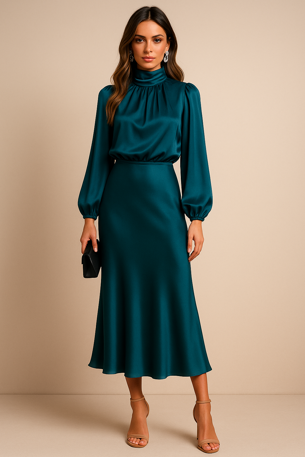 Vivian | Women's Mock-Neck Midi Dress | Satin · PNY