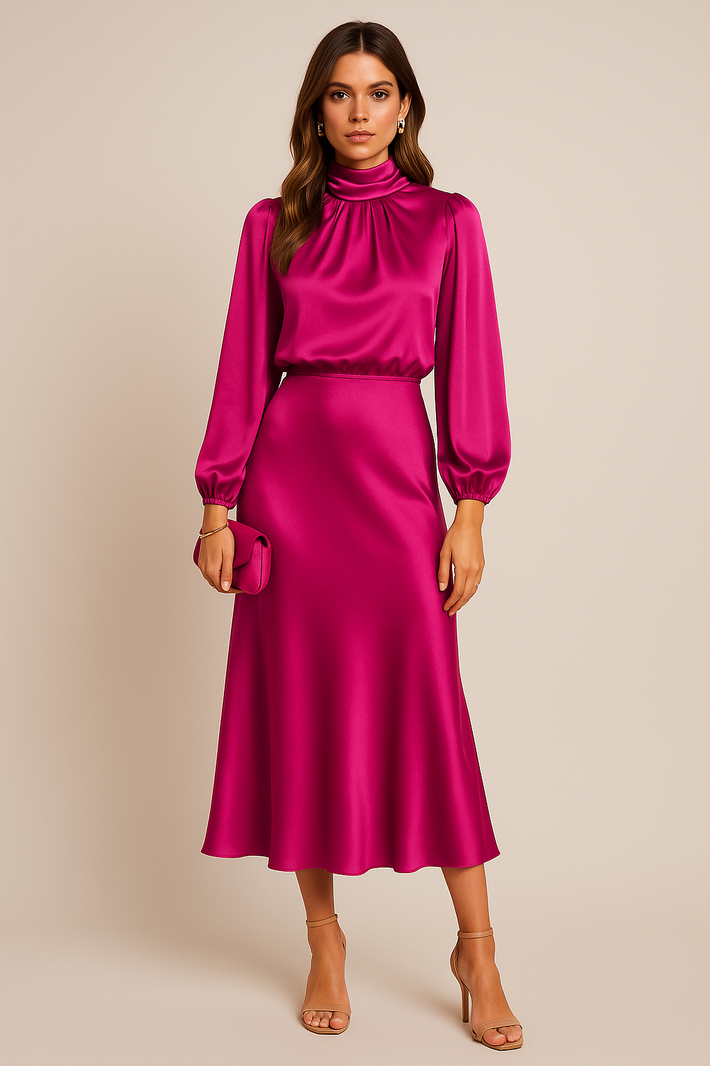 Vivian | Women's Mock-Neck Midi Dress | Satin · PNY