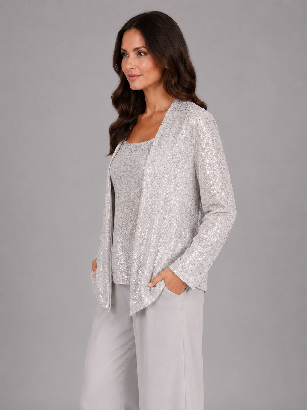 Vivian | Women's Sequin Three-Piece Pant Set | Open-Front Jacket · PNY