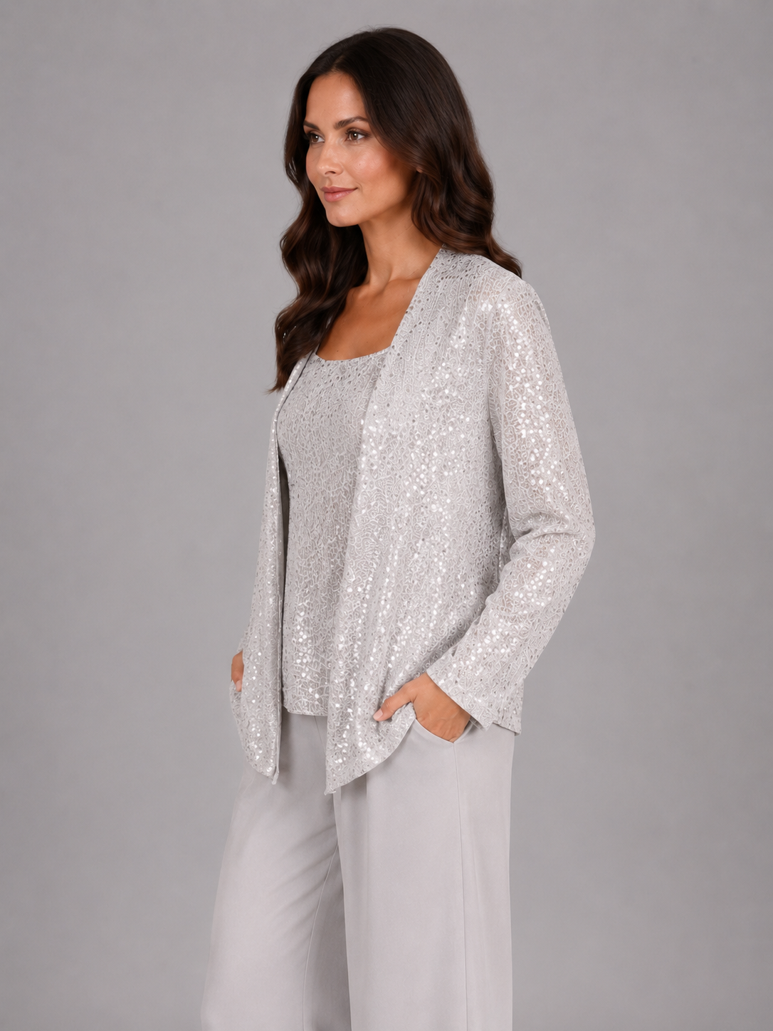 Vivian | Women's Sequin Three-Piece Pant Set | Open-Front Jacket · PNY