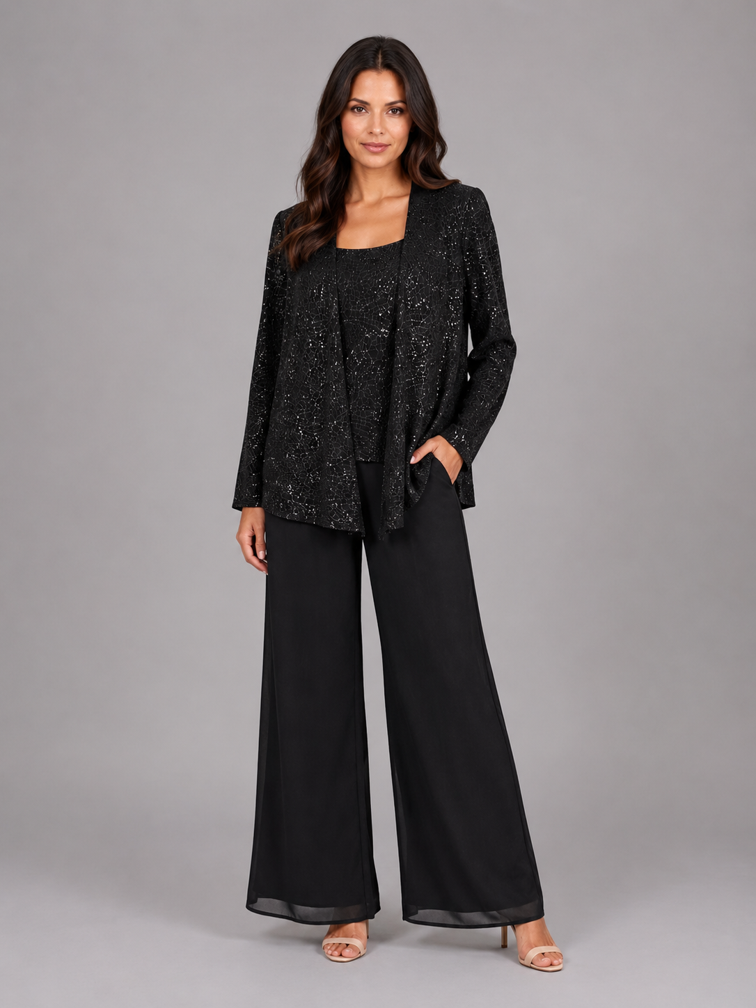 Vivian | Women's Sequin Three-Piece Pant Set | Open-Front Jacket · PNY