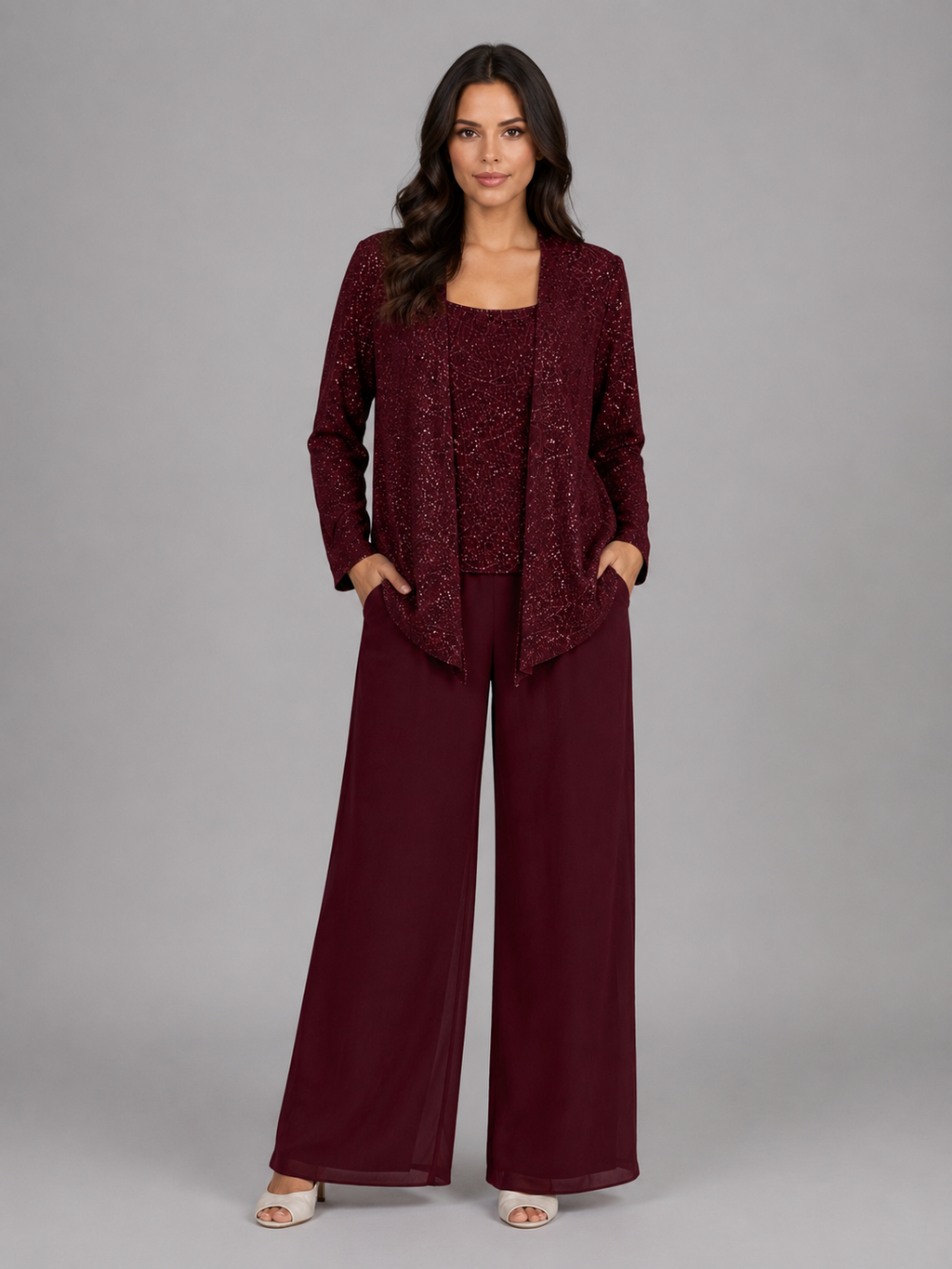 Vivian | Women's Sequin Three-Piece Pant Set | Open-Front Jacket · PNY
