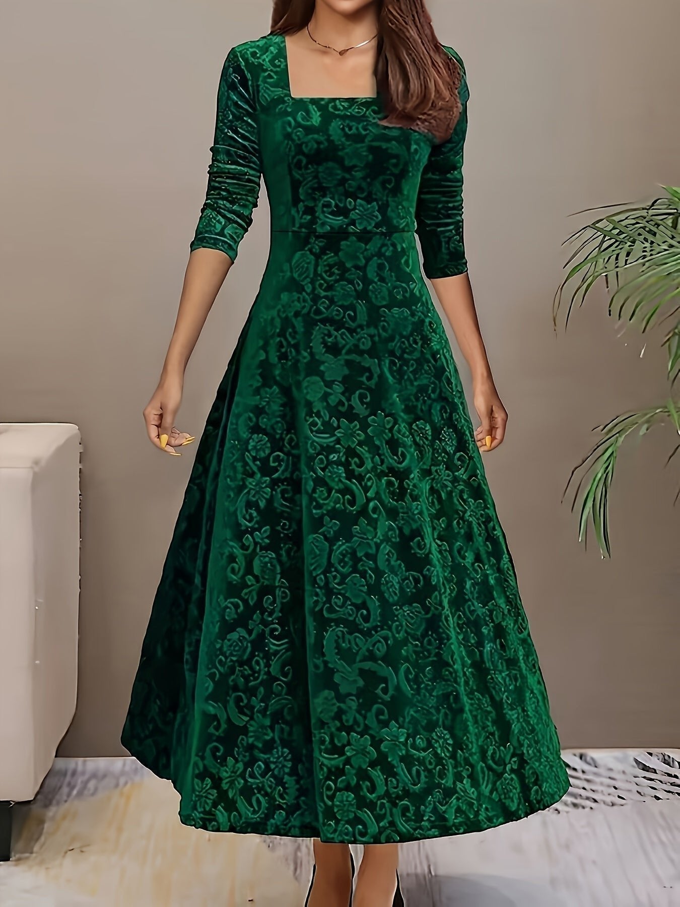 Vivian | Women's Square-Neck Maxi Dress | Floral Embossed · PNY
