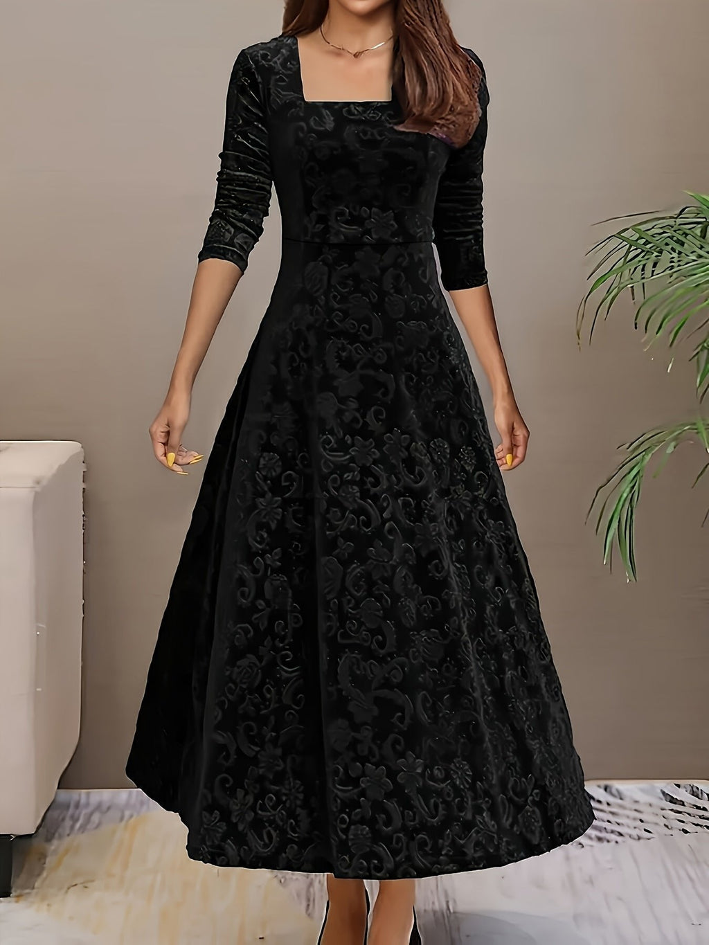 Vivian | Women's Square-Neck Maxi Dress | Floral Embossed · PNY