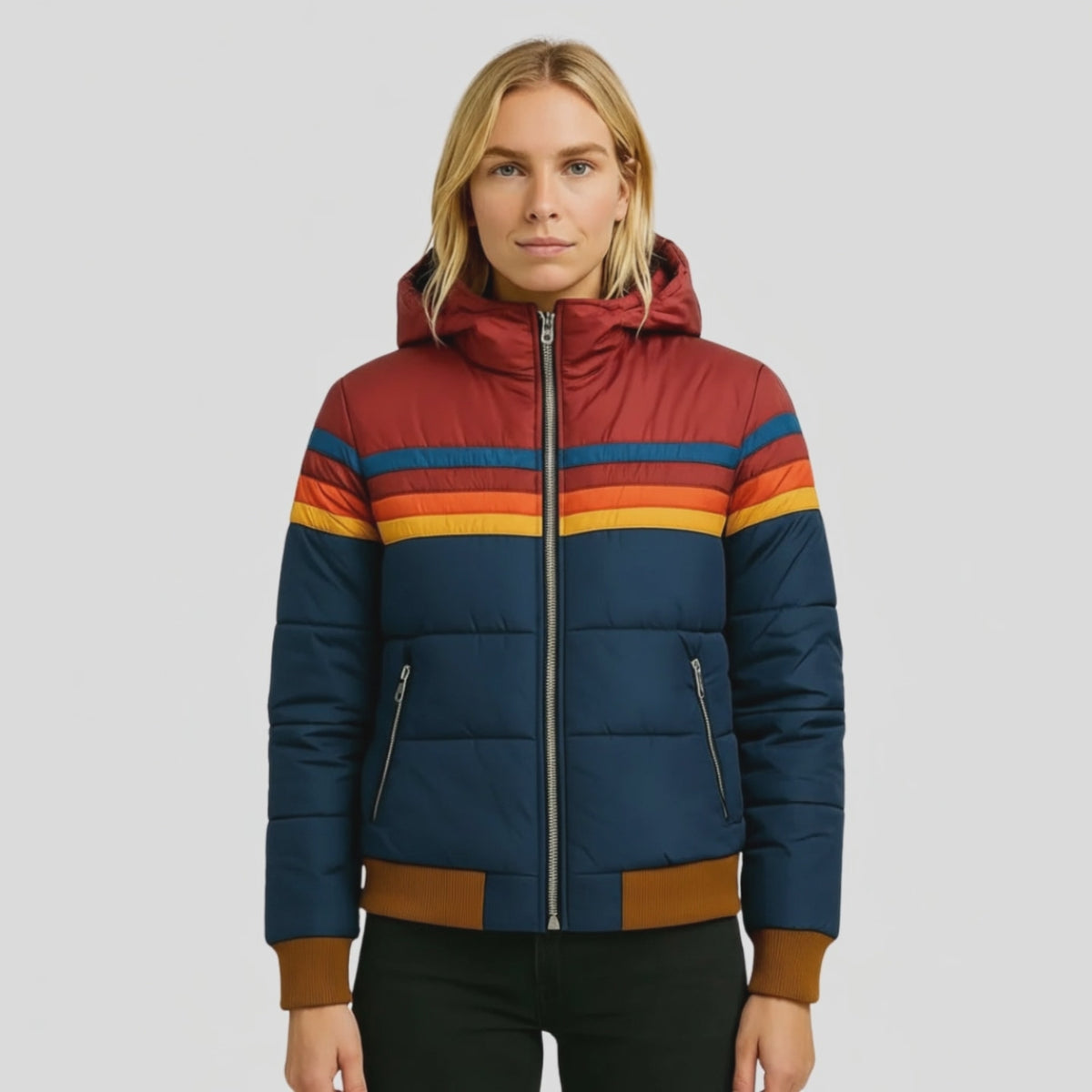 Hannah | Women's Hooded Puffer Jacket | Striped Accent · PNY