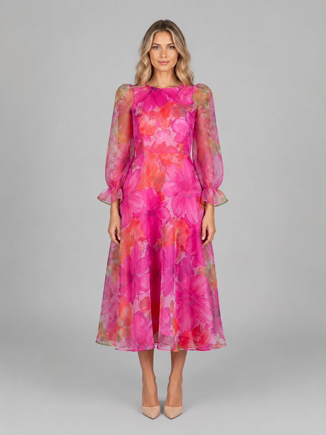 Rosalie | Women's Floral Print Midi Dress | Sheer Puff Sleeves-Women Dress-Pick NewYork