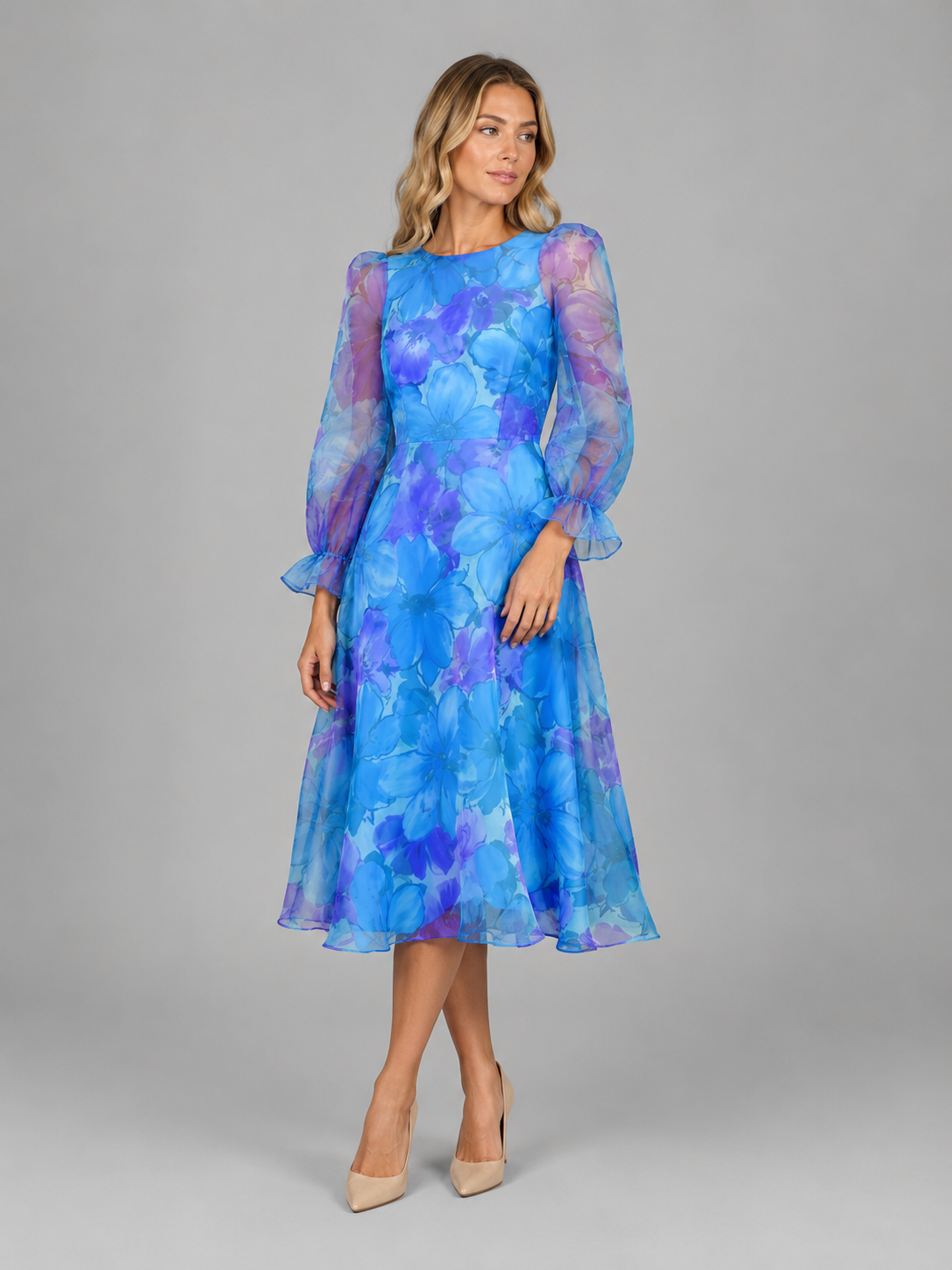 Rosalie | Women's Floral Print Midi Dress | Sheer Puff Sleeves-Women Dress-Pick NewYork