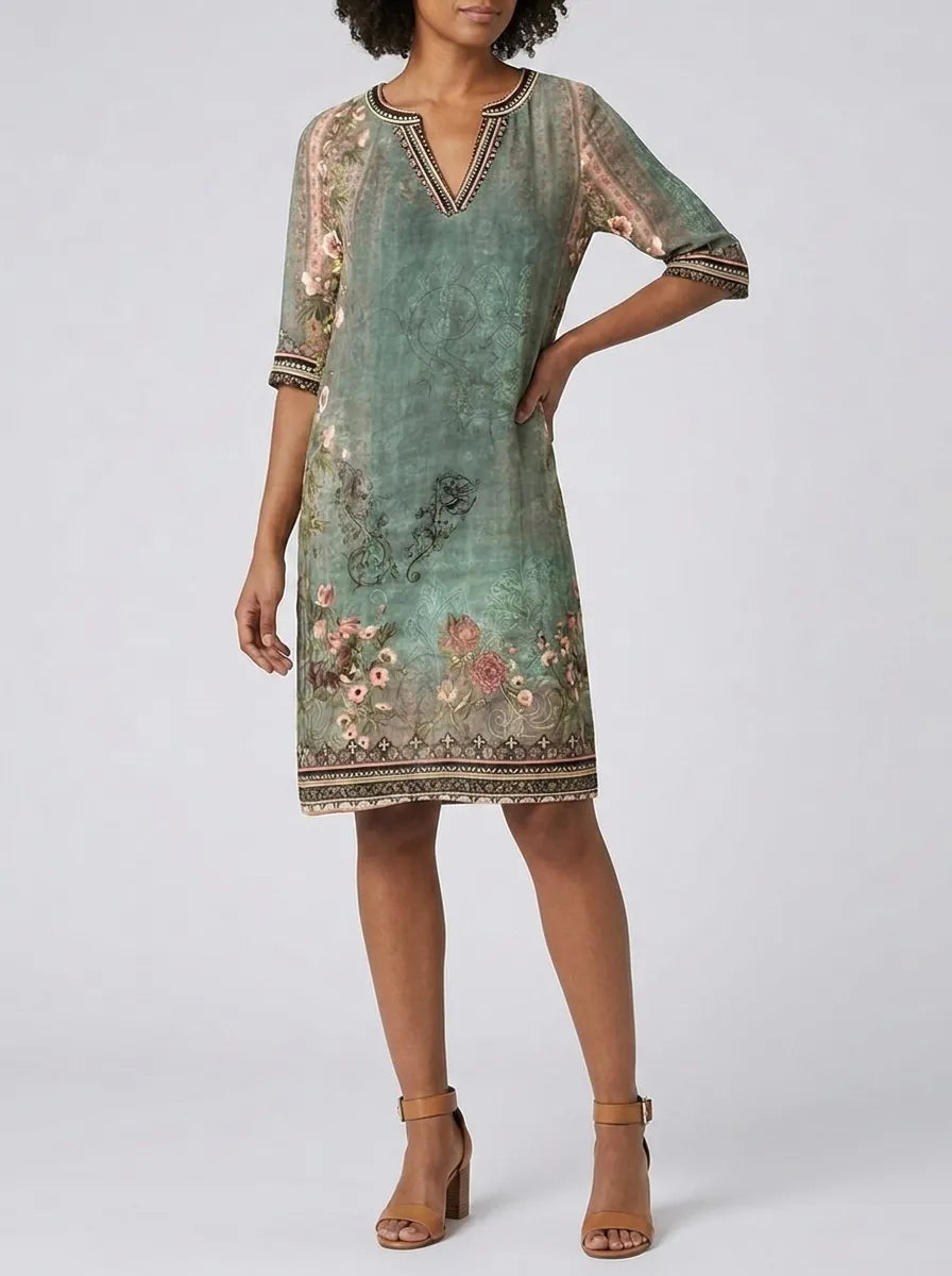 Sadie | Women’s Floral Print Shift Dress | V Neck Knee Length-Women Dress-Pick NewYork