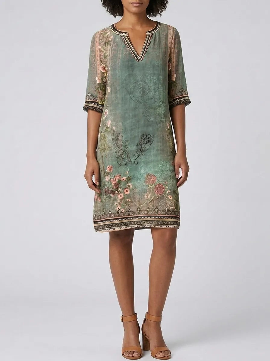 Sadie | Women’s Floral Print Shift Dress | V Neck Knee Length-Women Dress-Pick NewYork