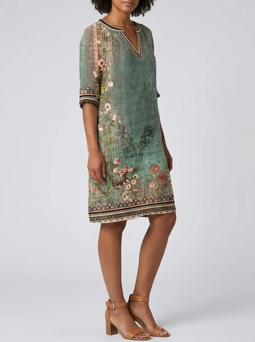 Sadie | Women’s Floral Print Shift Dress | V Neck Knee Length-Women Dress-Pick NewYork