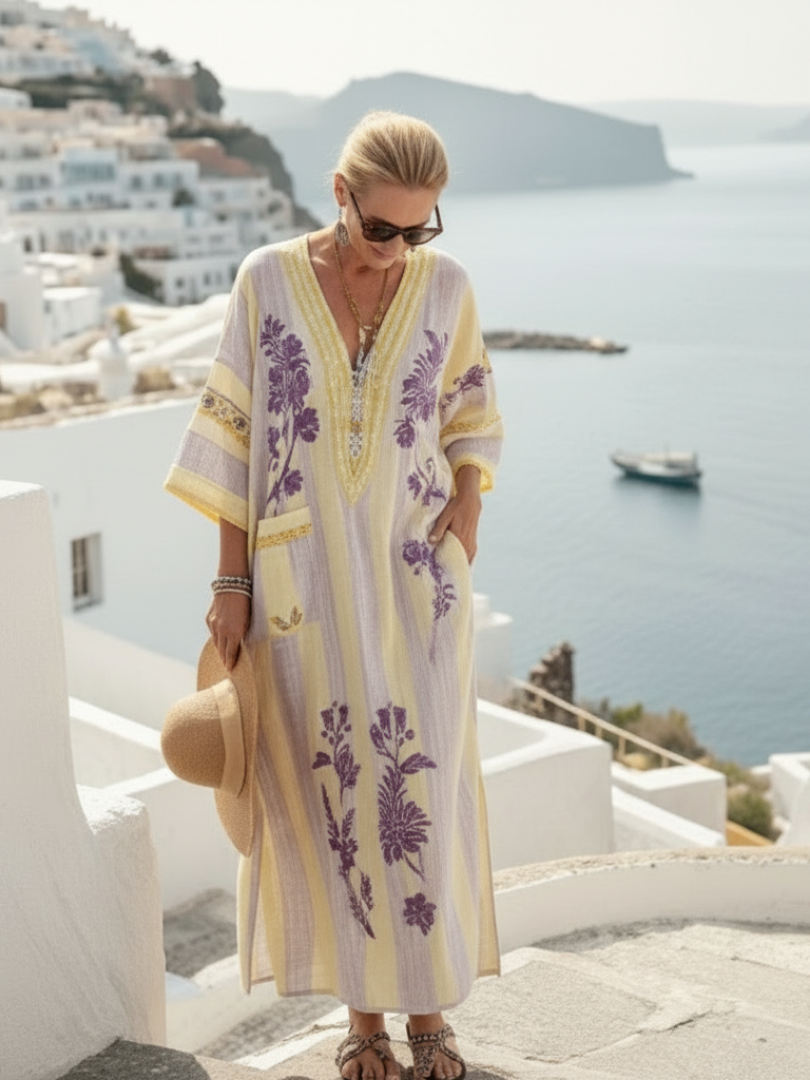 Serena | Women’s Floral Kaftan Maxi Dress | V Neck Side Slit Tropical Holiday Dress-Women Dress-Pick NewYork