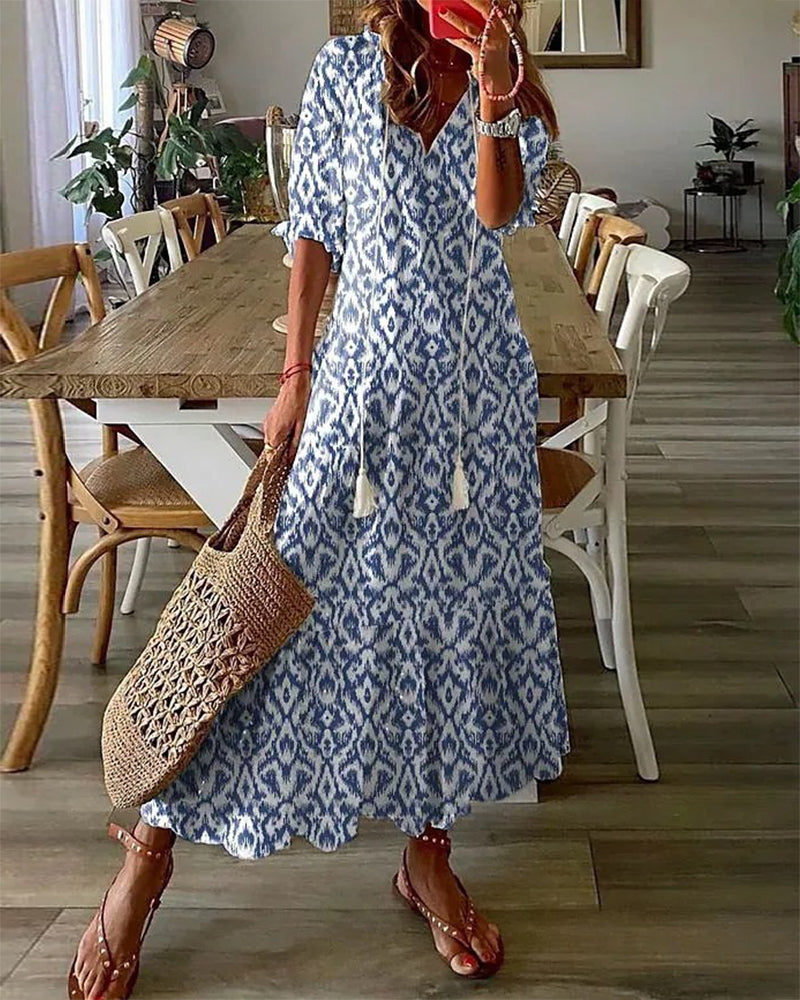 Sienna | Women's Geometric Print Maxi Dress | Tassel V Neck-Women Dress-Pick NewYork