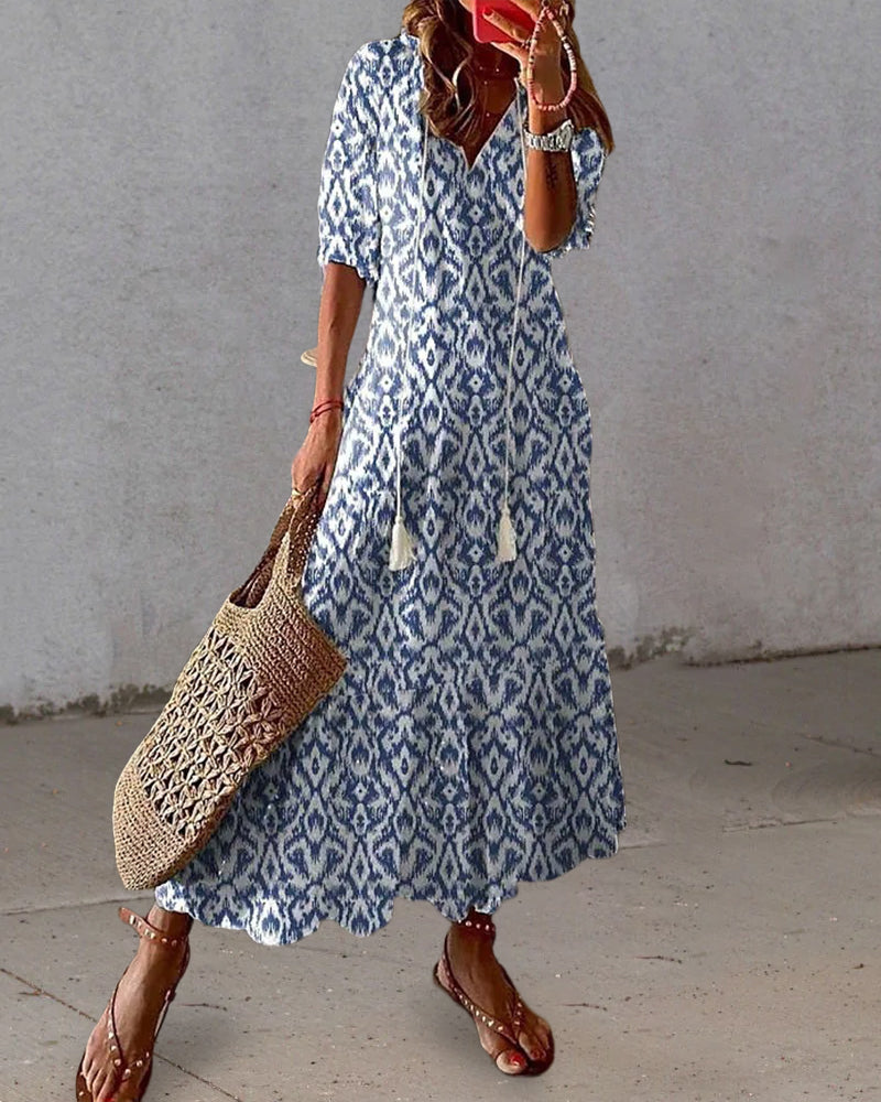 Sienna | Women's Geometric Print Maxi Dress | Tassel V Neck-Women Dress-Pick NewYork