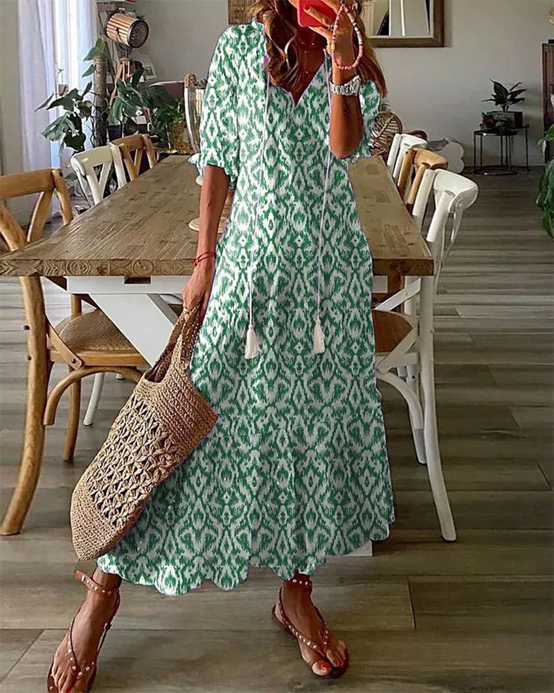Sienna | Women's Geometric Print Maxi Dress | Tassel V Neck-Women Dress-Pick NewYork