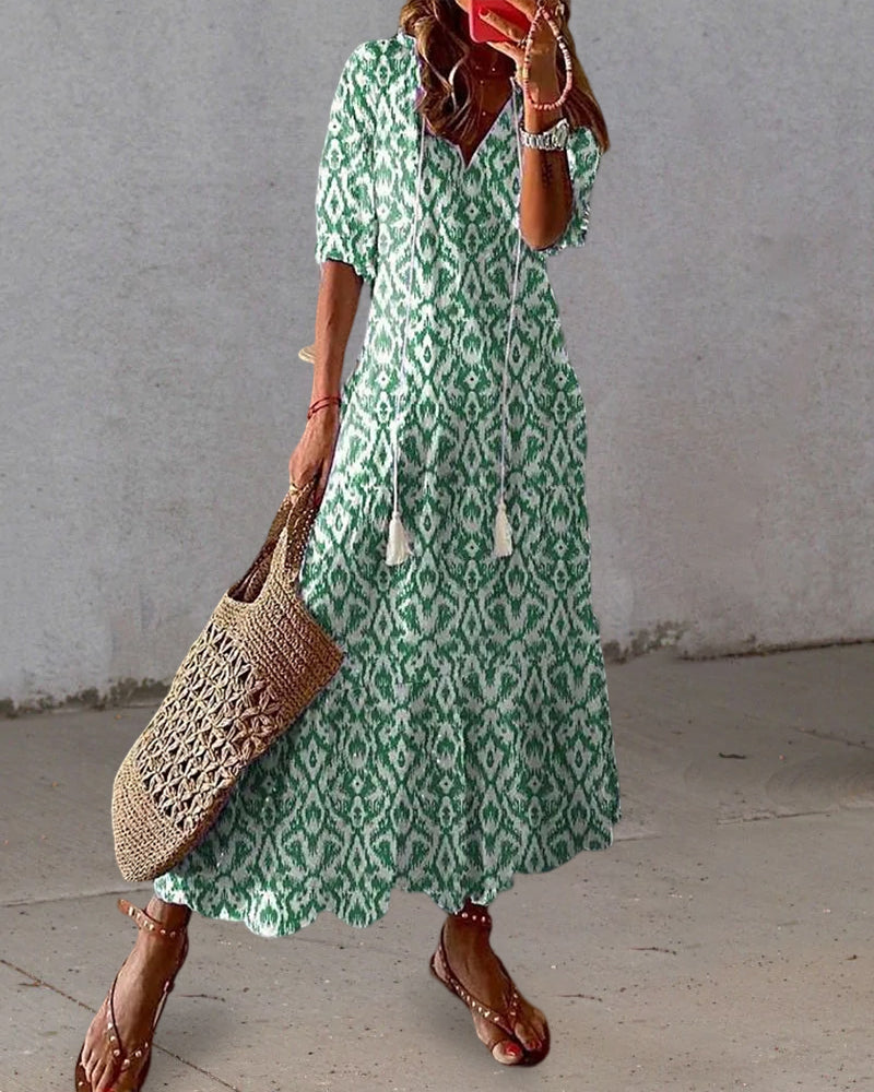 Sienna | Women's Geometric Print Maxi Dress | Tassel V Neck-Women Dress-Pick NewYork