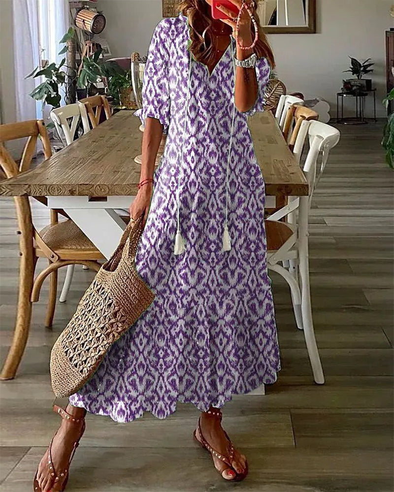 Sienna | Women's Geometric Print Maxi Dress | Tassel V Neck-Women Dress-Pick NewYork