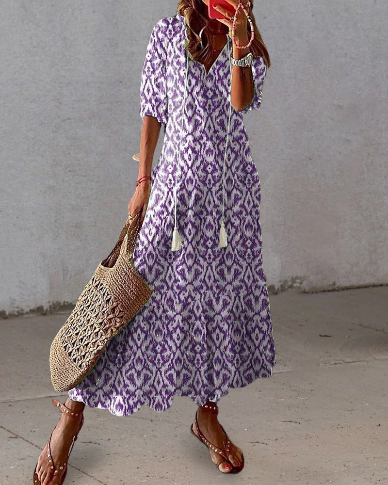 Sienna | Women's Geometric Print Maxi Dress | Tassel V Neck-Women Dress-Pick NewYork