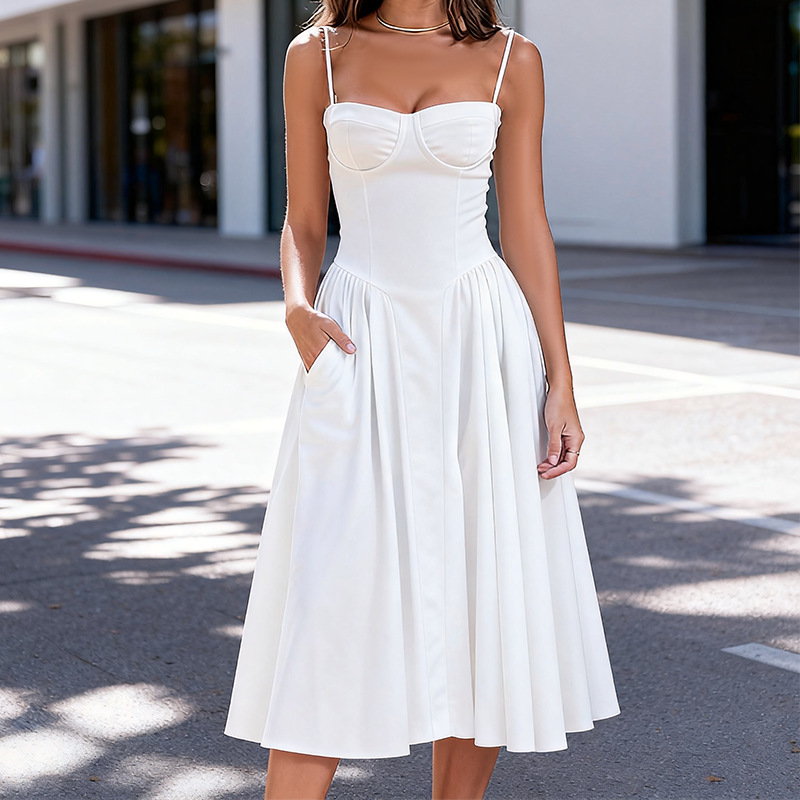 Sienna | Women’s Sleeveless Solid Color Midi Dress | Shoulder Straps Pleated Skirt Wedding Guest-Women Dress-Pick NewYork