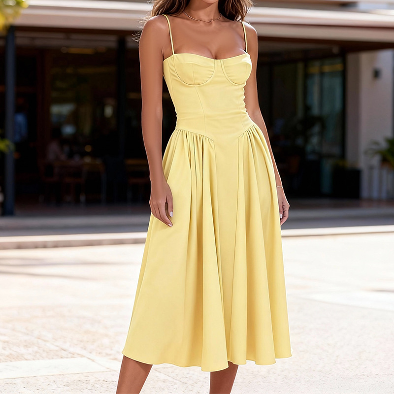 Sienna | Women’s Sleeveless Solid Color Midi Dress | Shoulder Straps Pleated Skirt Wedding Guest-Women Dress-Pick NewYork