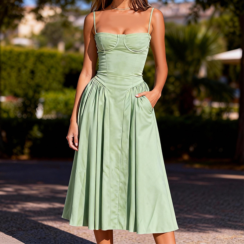 Sienna | Women’s Sleeveless Solid Color Midi Dress | Shoulder Straps Pleated Skirt Wedding Guest-Women Dress-Pick NewYork