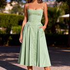 Sienna | Women’s Sleeveless Solid Color Midi Dress | Shoulder Straps Pleated Skirt Wedding Guest-Women Dress-Pick NewYork