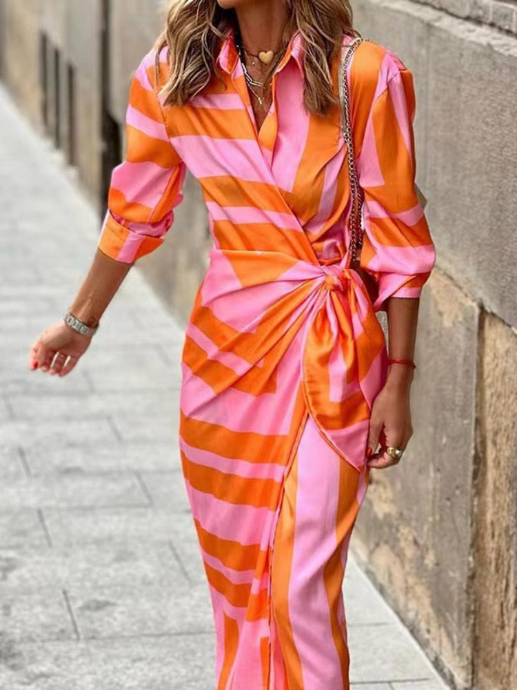 Sienna | Women's Striped Wrap Dress | Collared Tie Waist-Women Dress-Pick NewYork