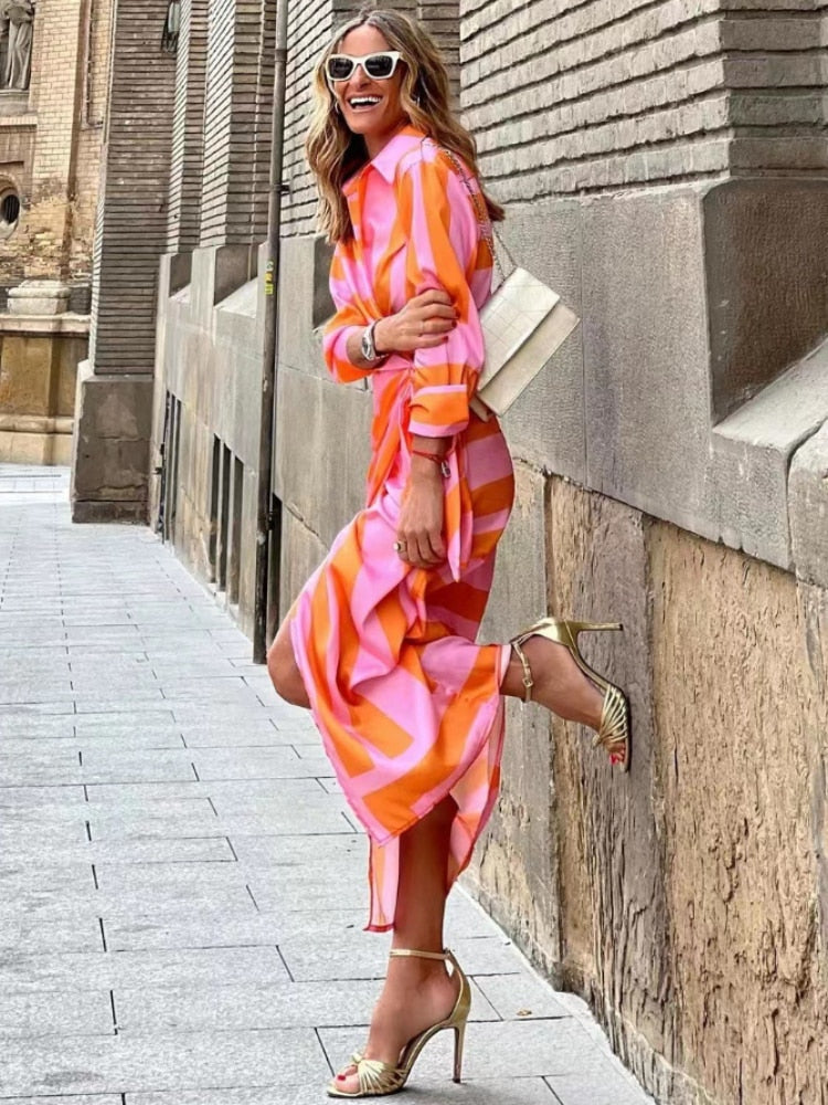 Sienna | Women's Striped Wrap Dress | Collared Tie Waist-Women Dress-Pick NewYork