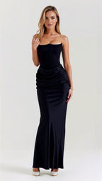 Stella | Women’s Strapless Solid Color Maxi Dress | Draped Detail Floor Length Wedding Guest-Women Dress-Pick NewYork