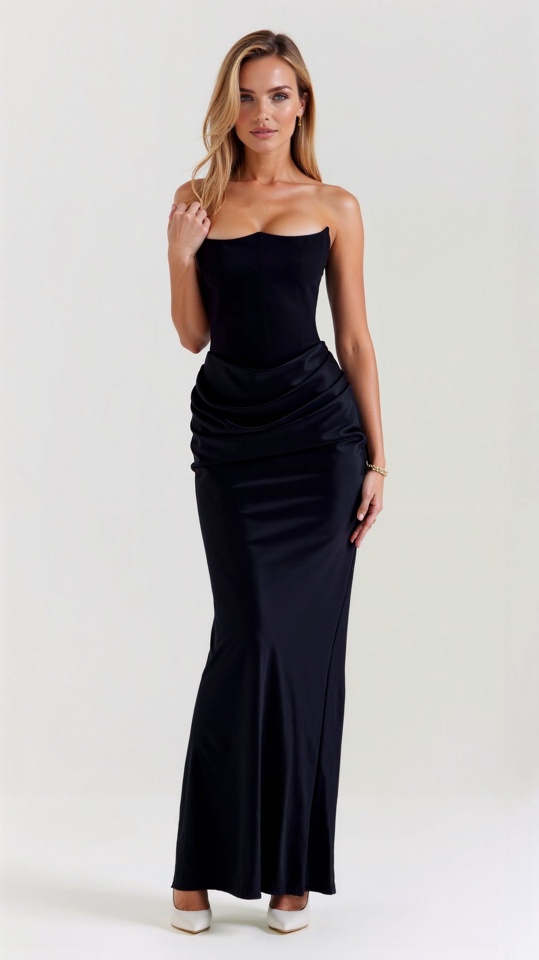 Stella | Women’s Strapless Solid Color Maxi Dress | Draped Detail Floor Length Wedding Guest-Women Dress-Pick NewYork