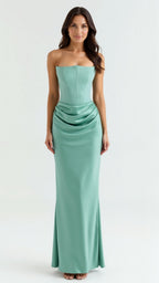 Stella | Women’s Strapless Solid Color Maxi Dress | Draped Detail Floor Length Wedding Guest-Women Dress-Pick NewYork