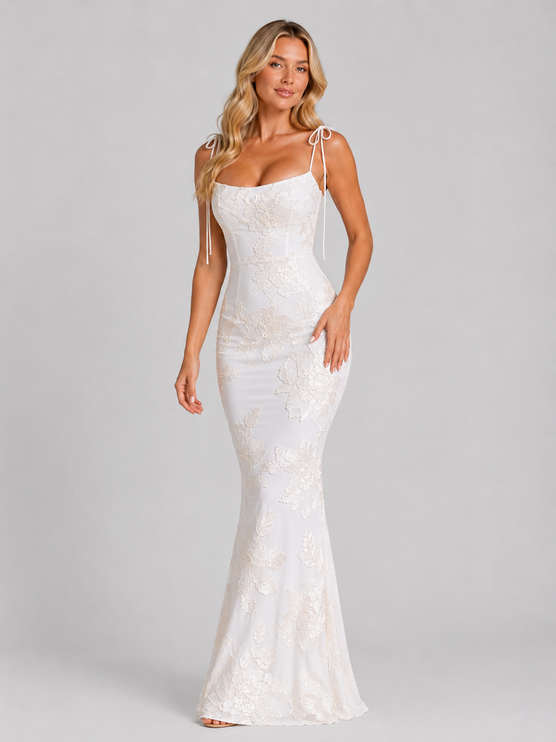 Valentina | Women's Floral Applique Maxi Dress | Tie Shoulder Corset-Women Dress-Pick NewYork