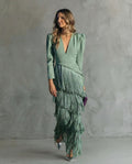 Valerie | Women’s Fringe Maxi Dress | Long Sleeve Deep V Evening Event Dress-Women Dress-Pick NewYork