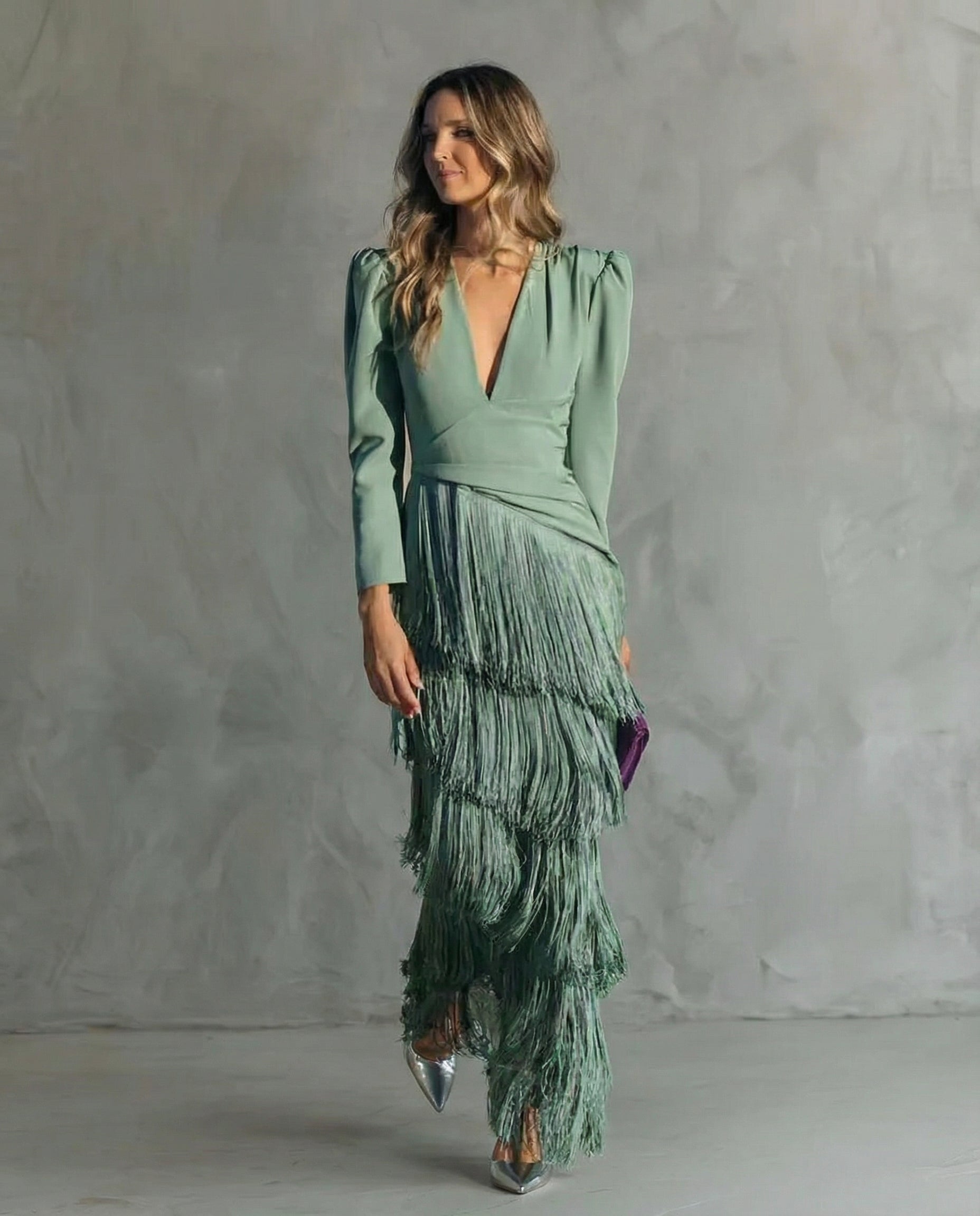Valerie | Women’s Fringe Maxi Dress | Long Sleeve Deep V Evening Event Dress-Women Dress-Pick NewYork