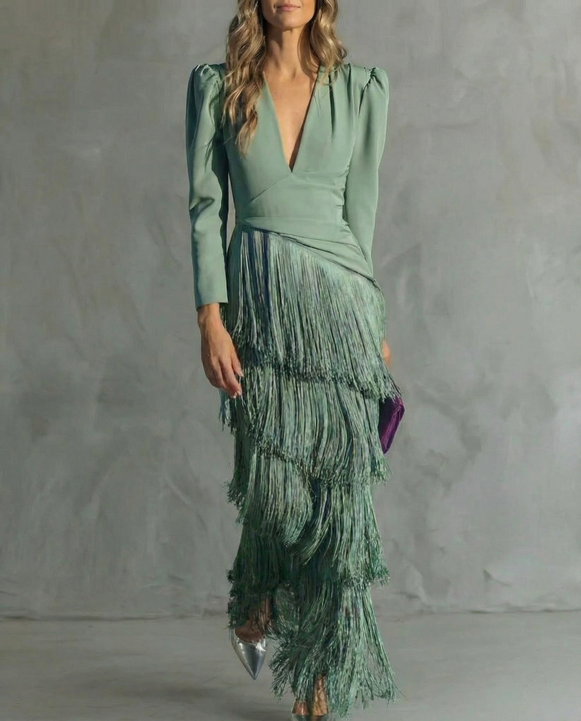 Valerie | Women’s Fringe Maxi Dress | Long Sleeve Deep V Evening Event Dress-Women Dress-Pick NewYork