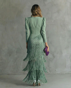 Valerie | Women’s Fringe Maxi Dress | Long Sleeve Deep V Evening Event Dress-Women Dress-Pick NewYork