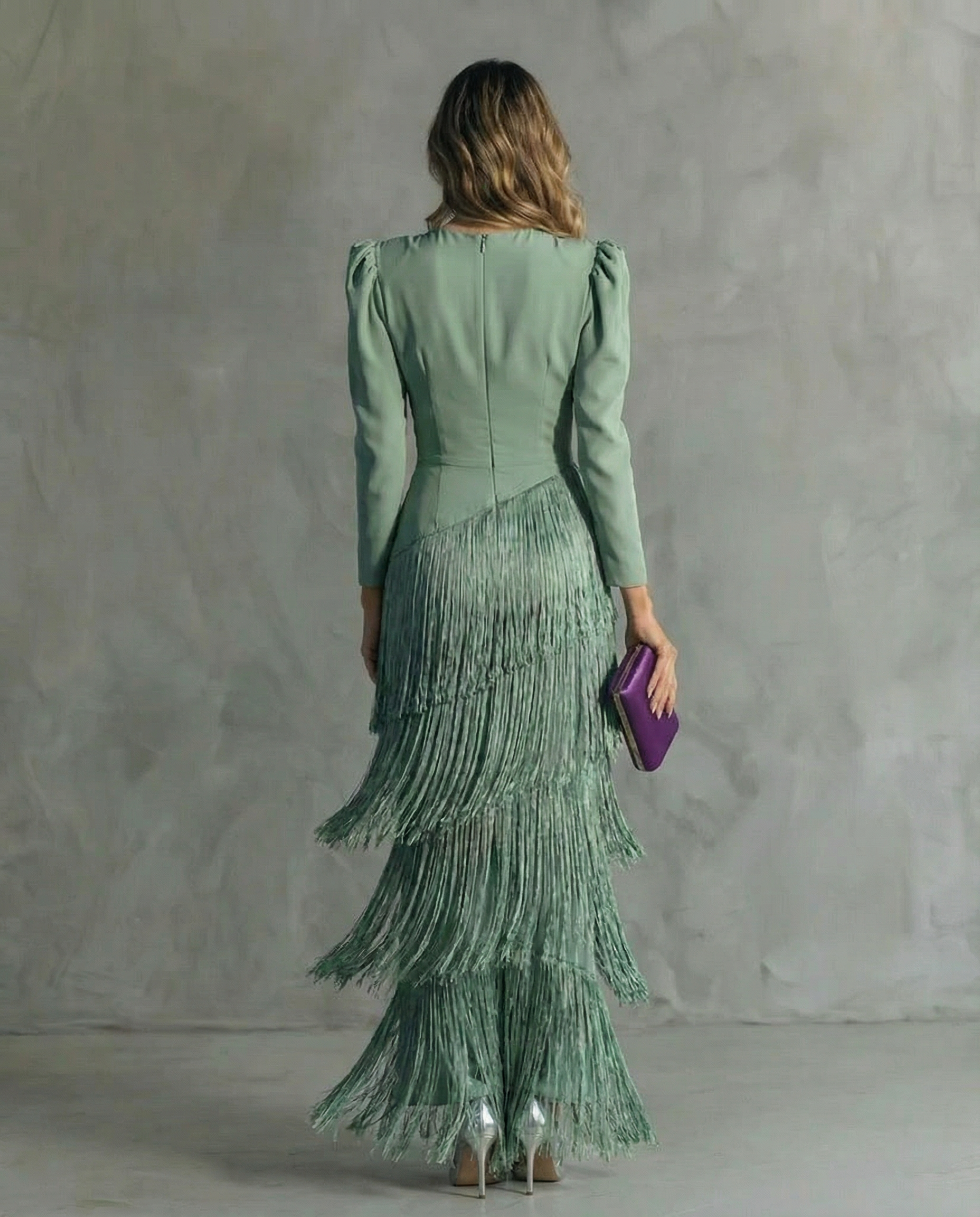 Valerie | Women’s Fringe Maxi Dress | Long Sleeve Deep V Evening Event Dress-Women Dress-Pick NewYork