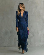 Valerie | Women’s Fringe Maxi Dress | Long Sleeve Deep V Evening Event Dress-Women Dress-Pick NewYork