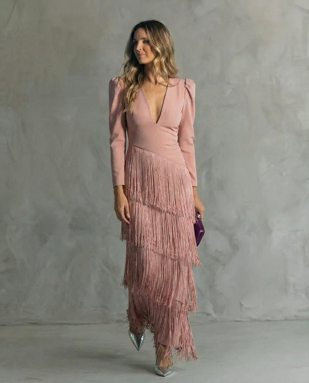 Valerie | Women’s Fringe Maxi Dress | Long Sleeve Deep V Evening Event Dress-Women Dress-Pick NewYork