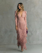 Valerie | Women’s Fringe Maxi Dress | Long Sleeve Deep V Evening Event Dress-Women Dress-Pick NewYork