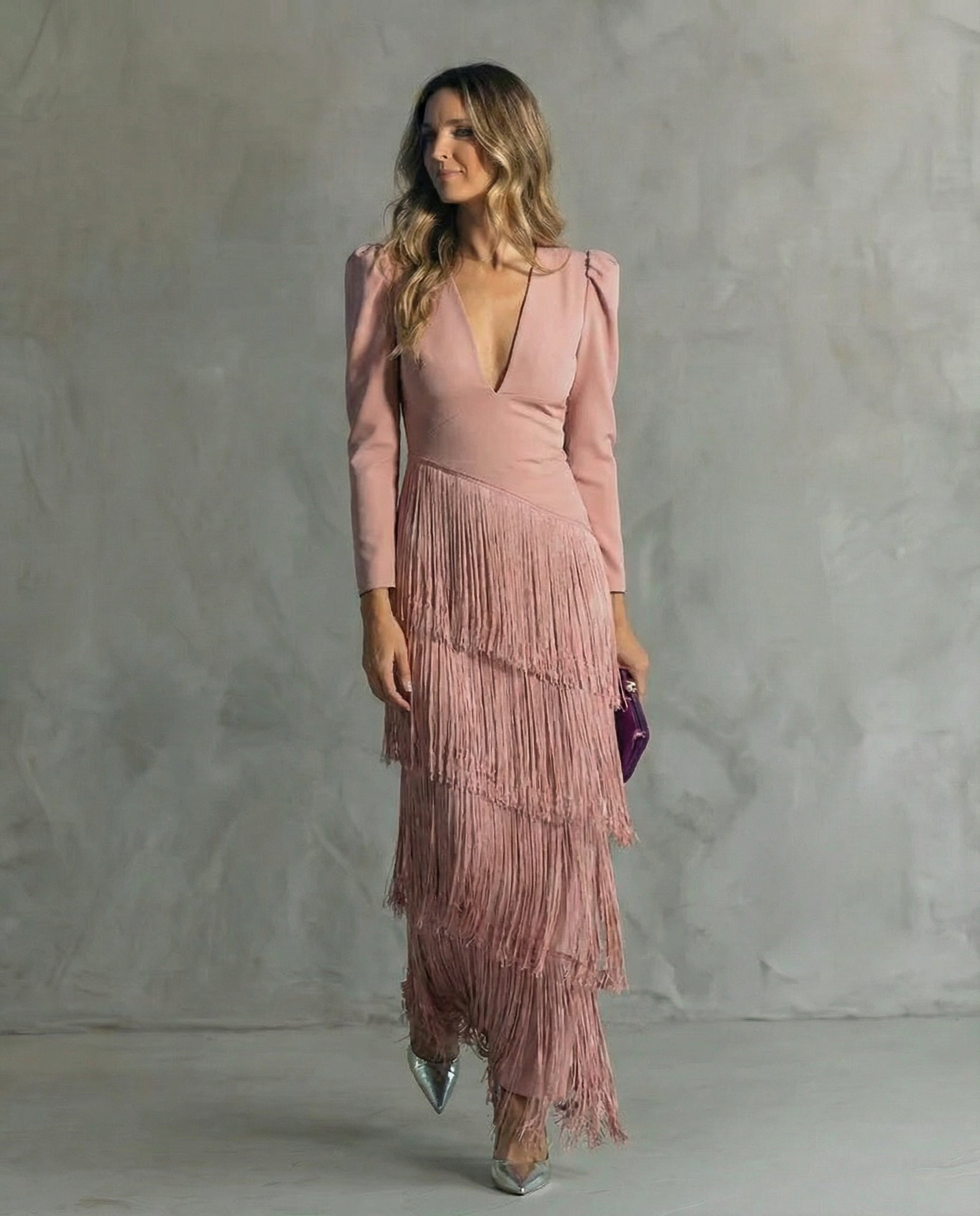 Valerie | Women’s Fringe Maxi Dress | Long Sleeve Deep V Evening Event Dress-Women Dress-Pick NewYork