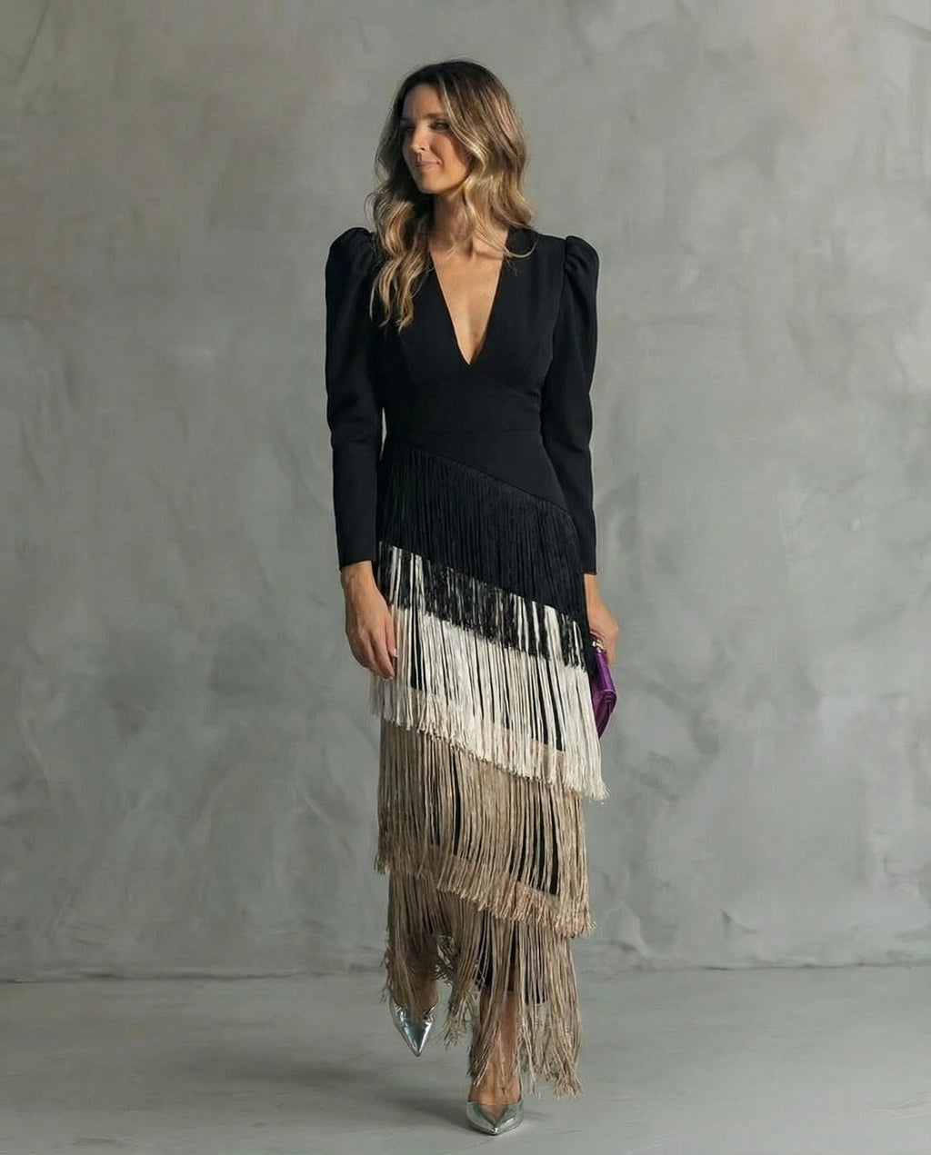 Valerie | Women’s Fringe Maxi Dress | Long Sleeve Deep V Evening Event Dress-Women Dress-Pick NewYork