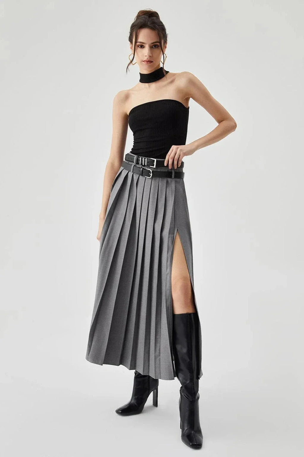 Valerie | Women’s Pleated Midi Skirt | High Waist Belted Office-Women Skirt-Pick NewYork