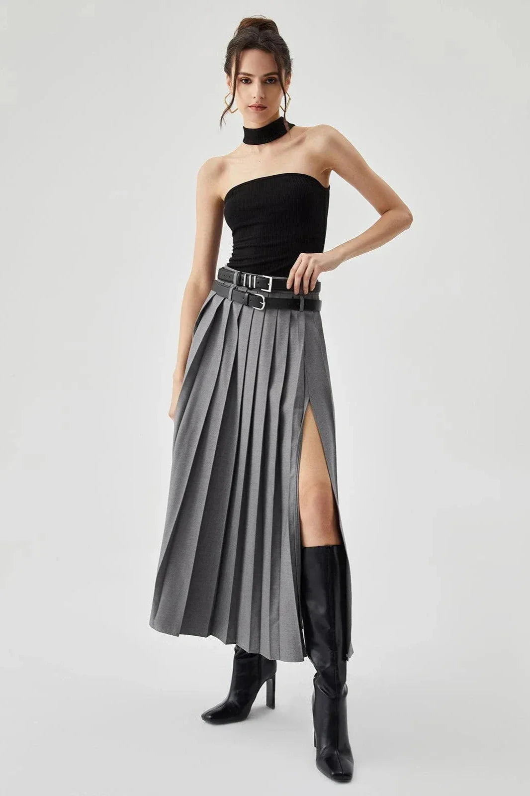 Valerie | Women’s Pleated Midi Skirt | High Waist Belted Office-Women Skirt-Pick NewYork
